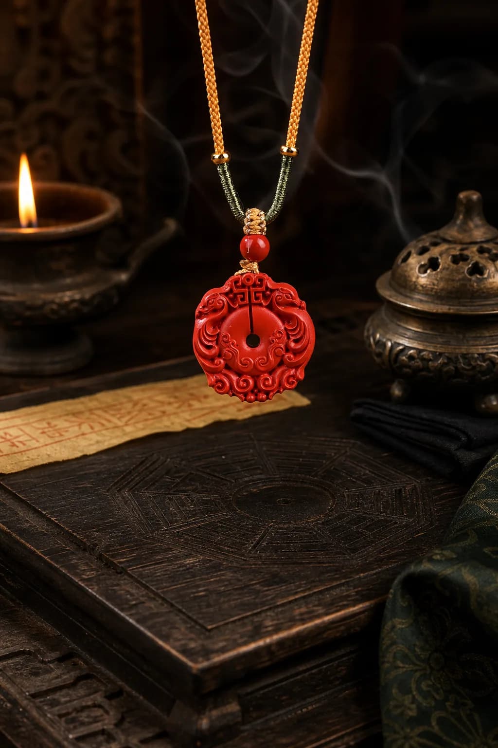 Dragon and phoenix harmony pendant in dark gold editorial light