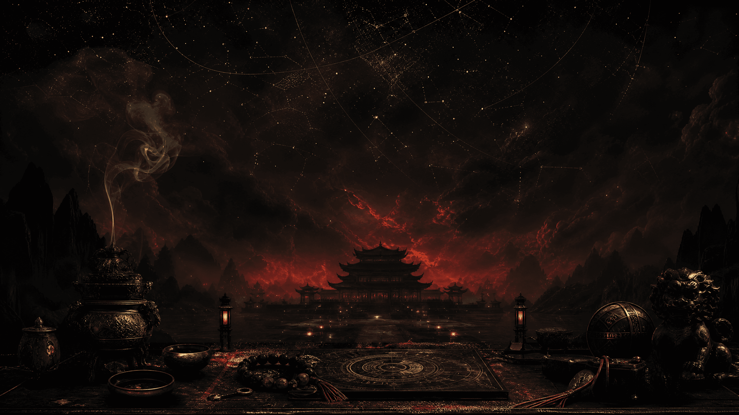 A vast dark zodiac sky with a luminous Eastern star compass, smoke, and cinnabar wards