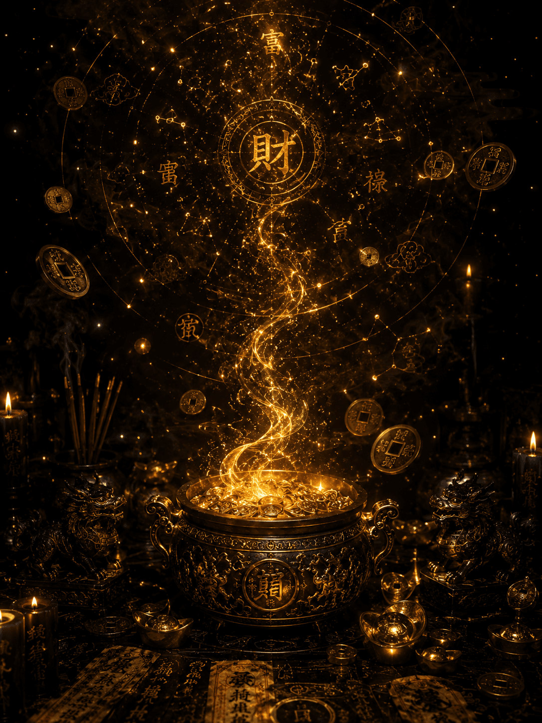 A glowing prosperity cauldron surrounded by golden constellations, coins, and candlelight