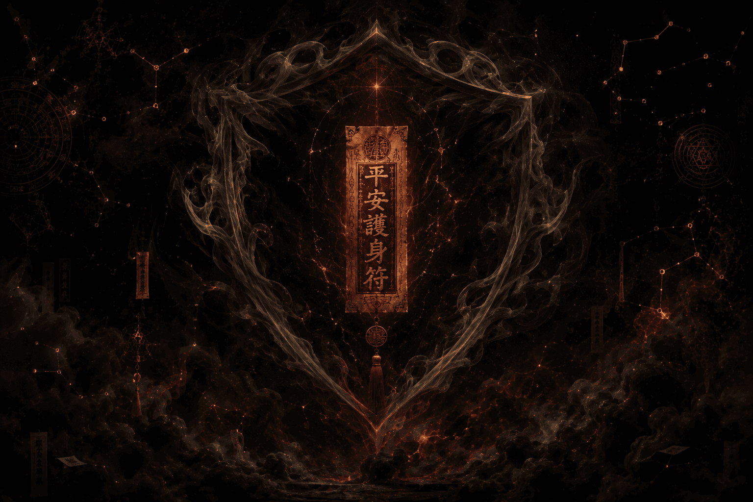 A cinnabar Eastern protection ward suspended inside smoke and red constellation light